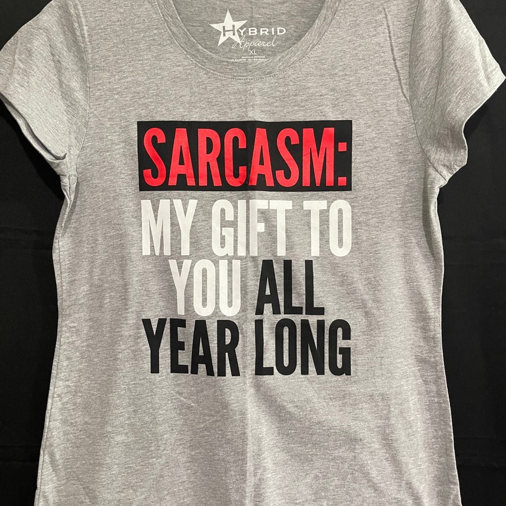 Hybrid Apparel Gray Graphic Tee - Red, White, Black Text